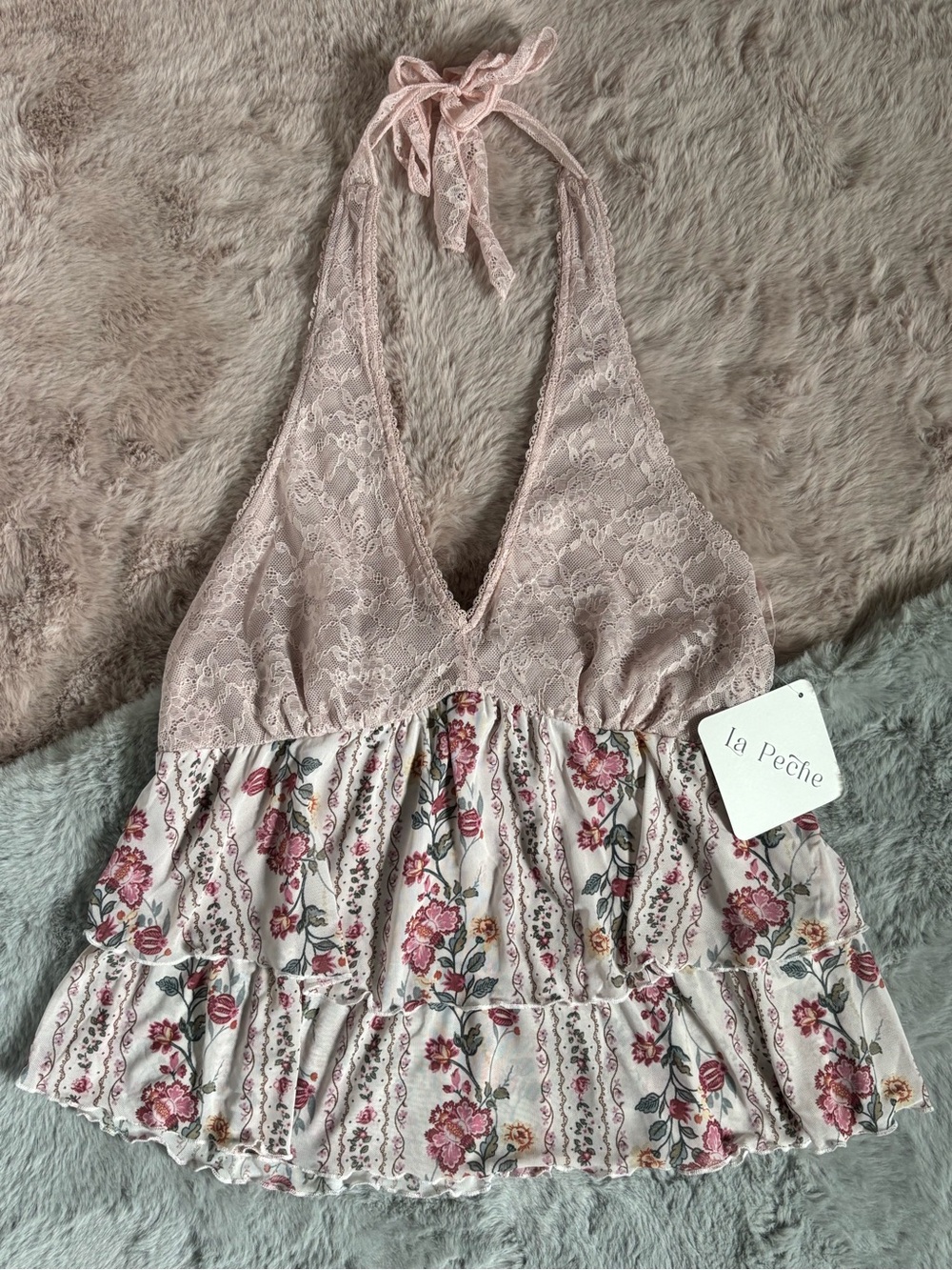 La peche pink floral ruffle tier lace halter top